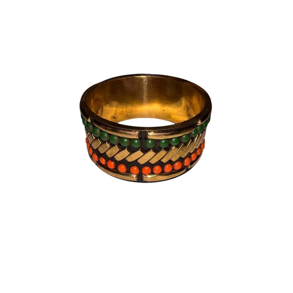 Iris Apfel & Bajalia Beaded Bangle Bracelet Green Orange Brass Boho Statement